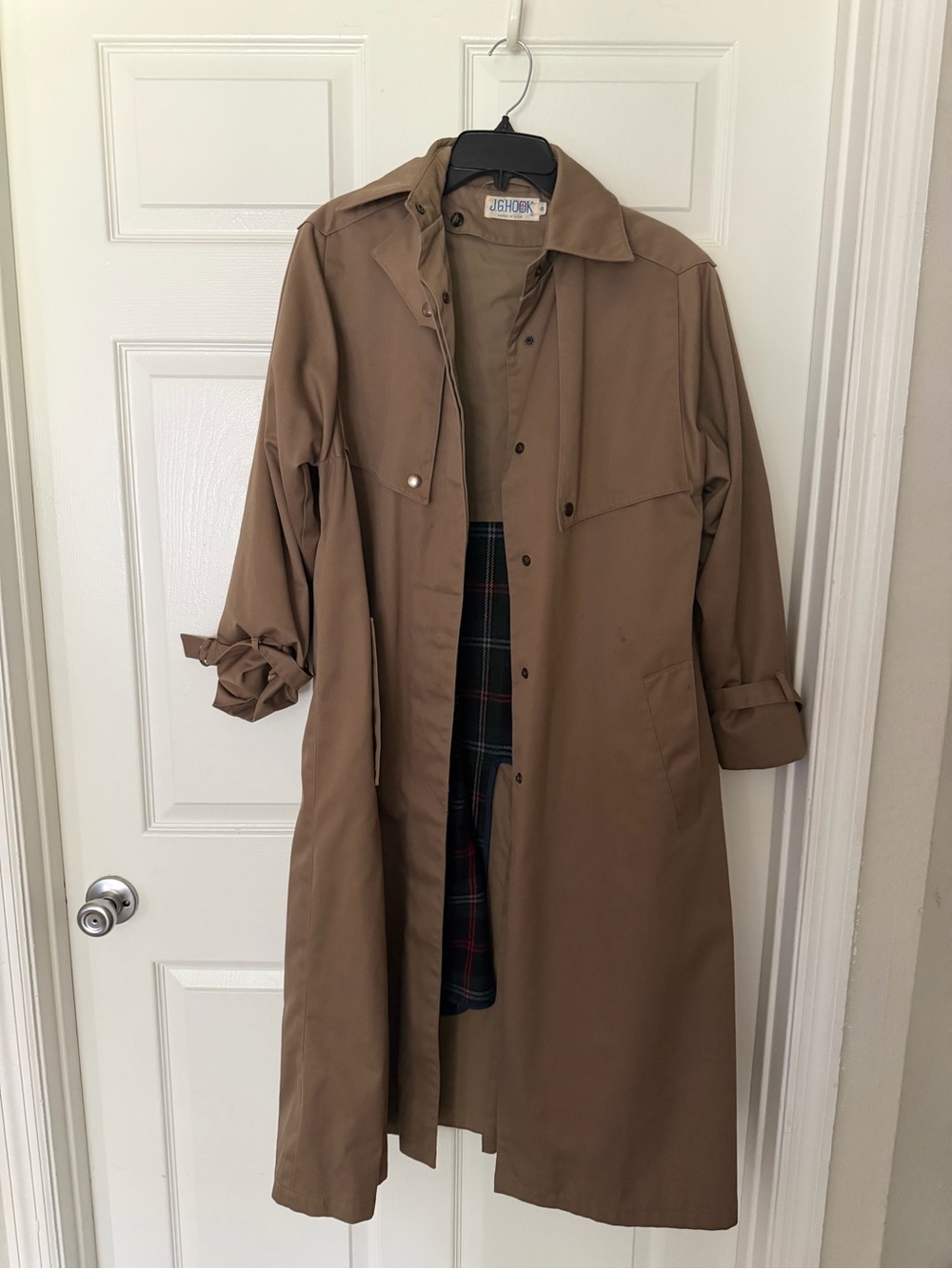 Vintage J.G. Hook Tan Trench Coat with Plaid Lining